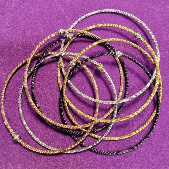 QVC Stainless Steel Multi-Cable Tri-Color Crystal Rolling Bracelet - Picture 3 of 6